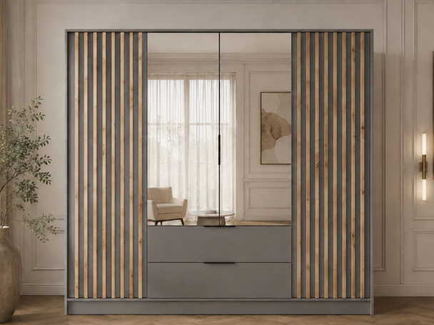 Kleiderschrank mit Spiegel 206 cm Macron Grau, Artisan Eiche