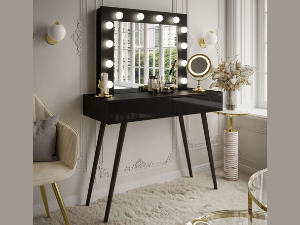 Schminktisch glamour mit Schubladen, Spiegel und LED-Beleuchtung Olivine Schwarz Hochglanz