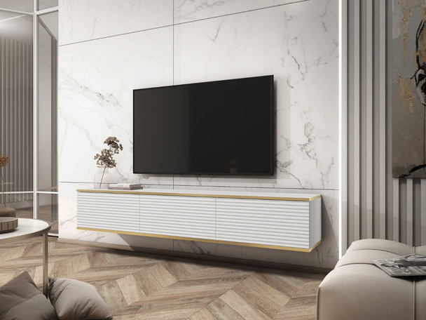 TV-Lowboard Hänge mit Türen 175 cm Diolo Weiß mit geriffelter Vorderseit