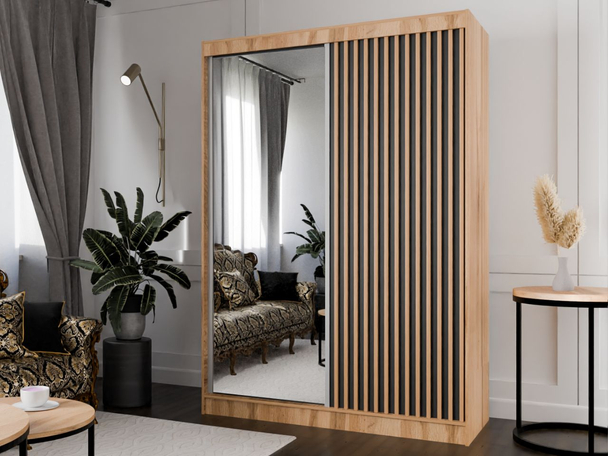 Schiebetürenschrank mit Spiegel und Lamellen 150 cm Loreto Handwerk Goldene Eiche, Schwarz