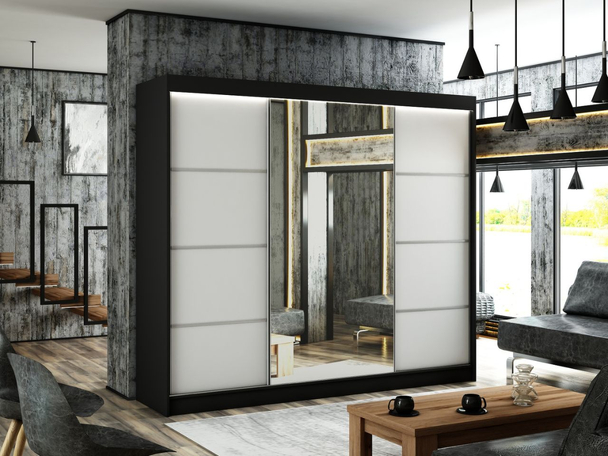 Schiebetürenschrank mit Spiegel 250 cm mit LED-Beleuchtung Portel Weiß, Schwarz
