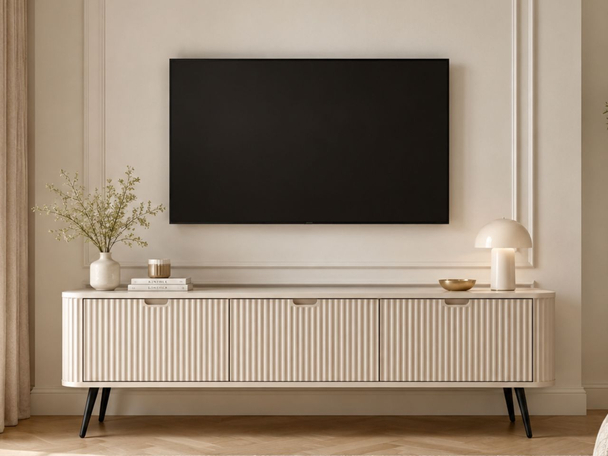 TV-Lowboard mit Türen Viva Beige auf Schwarzen Beinen