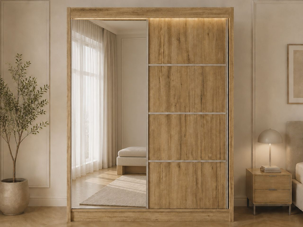 Schiebetürenschrank mit Spiegel 150 cm mit LED-Beleuchtung Portel Handwerk Goldene Eiche
