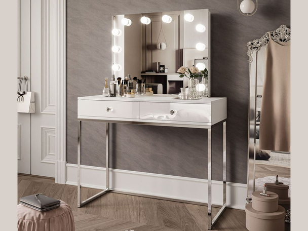 Schminktisch  Glamour mit Schubladen, Spiegel und LED-Beleuchtung Brisa Weiß Hochglanz