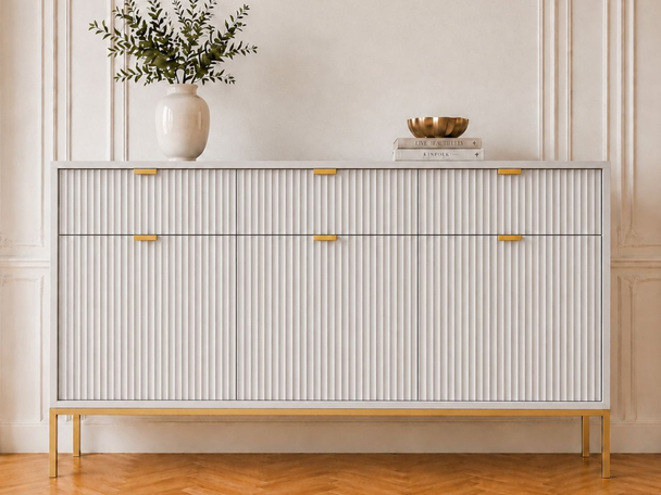 Kommode mit Türen und Schubladen Amber Grau auf goldenen Beinen