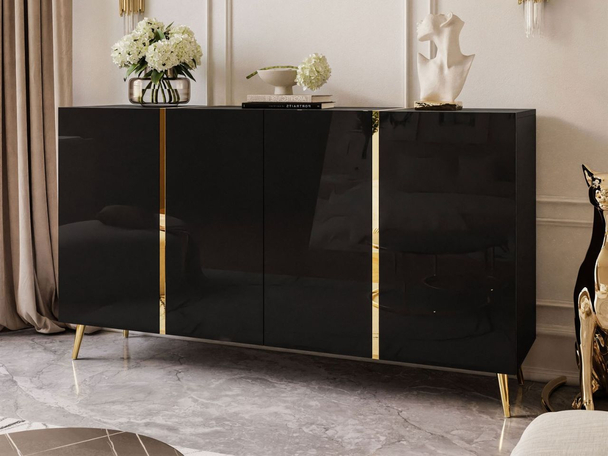 Viertürige Kommode 158 cm Glamour-Stil auf goldfarbenen Metallbeinen Lunelie Schwarzglanz
