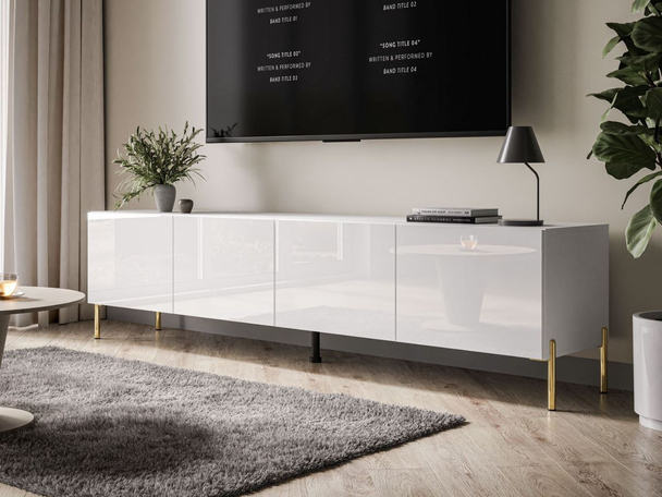 TV-Lowboard mit Türen auf Goldenen Metallbeinen 200 cm Nodoo Weiß Hochglanz