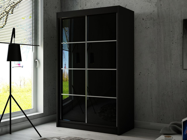 Schiebetürenschrank mit Sprossen 120 cm mit LED-Beleuchtung Ponti Schwarz