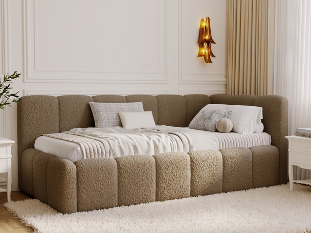Jugendbett Einzelbett mit Bettkasten und Lattenrost 90x200 Cloud One Braun Bouclé-Stoff