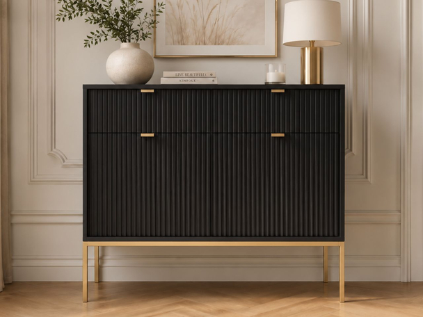Kommode mit Türen und Schubladen Amber Schwarz, Gold Frame