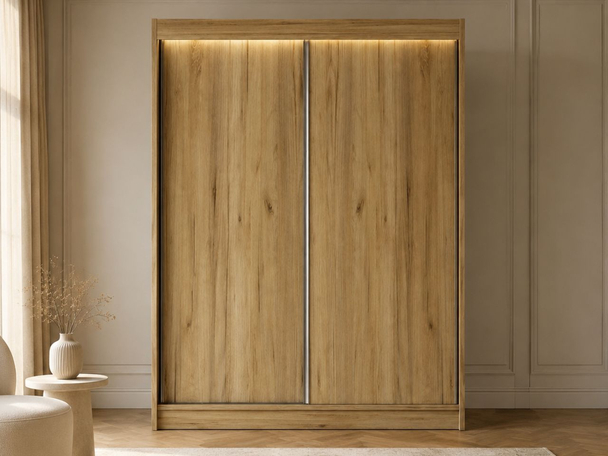 Schiebetürenschrank 150 cm mit LED-Beleuchtung Diano Handwerk Goldene Eiche