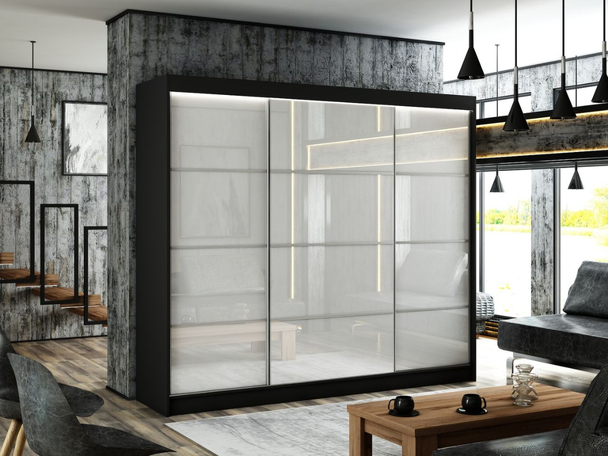 Schiebetürenschrank mit Sprossen 250 cm mit LED-Beleuchtung Ponti Schwarz, Weiß