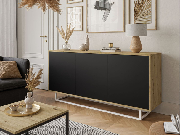 Dreitürige Kommode 154 cm im Loft-Stil auf weißem Gestell – Vivance, Schwarz matt & Eiche Artisan