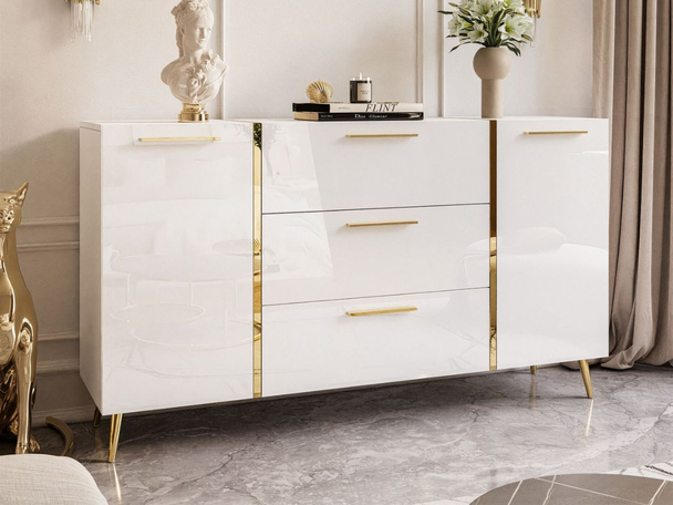 Zweitürige Kommode 158 cm mit drei Schubladen und goldenen Griffen Lunelie Weißglanz
