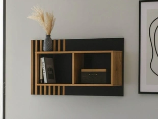 Wandregal 90 cm mit Latten für das Wohnzimmer Lavore Wotan Eiche, Schwarz matt
