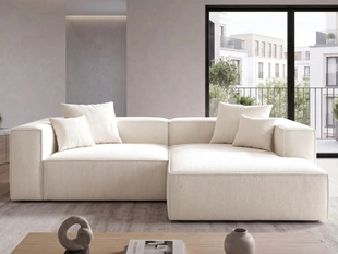Designer Ecksofa L-Form mit Ottomane rechts Vellaro aus Bouclé-Stoff Creme