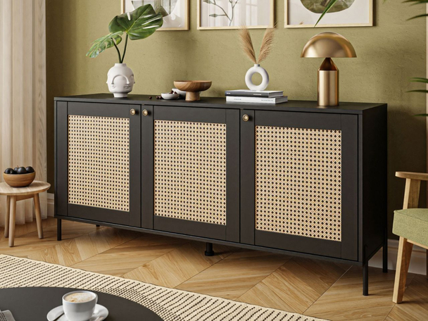 Drehtürkommode mit Flechtmuster im Boho-Stil Bellance schwarz