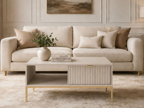 Couchtisch mit Stauraum Amber Kaschmir auf goldenen Beinen