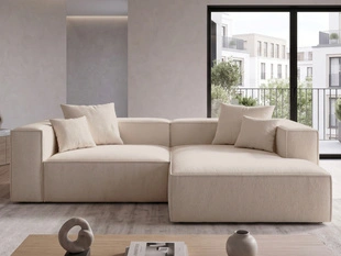 Designer Ecksofa L-Form mit Ottomane rechts Vellaro aus Bouclé-Stoff Beige