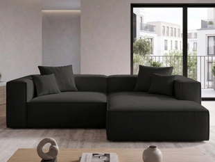 Designer Ecksofa L-Form mit Ottomane rechts Vellaro aus Bouclé-Stoff Schwarz