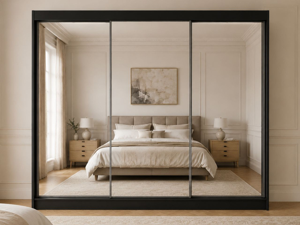 Schiebetürenschrank 250 cm mit Spiegel und LED-Beleuchtung Luzio Schwarz