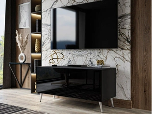 TV-Lowboard mit Türen und LED-Beleuchtung auf Silbernen Metallbeinen 100 cm Noaé Schwarz Hochglanz