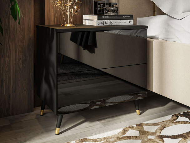 Nachttisch mit Schubladen auf Schwarz-Goldenen Metallbeinen Nuveo Schwarz Hochglanz