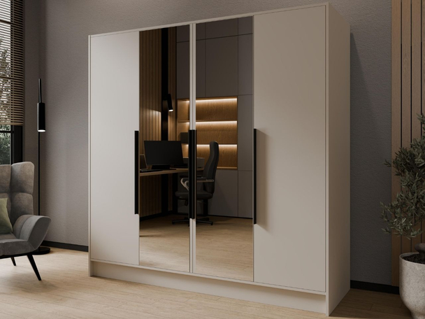 Kleiderschrank mit Spiegel 200 cm Lucca Kaschmir mit schwarzen Griffen