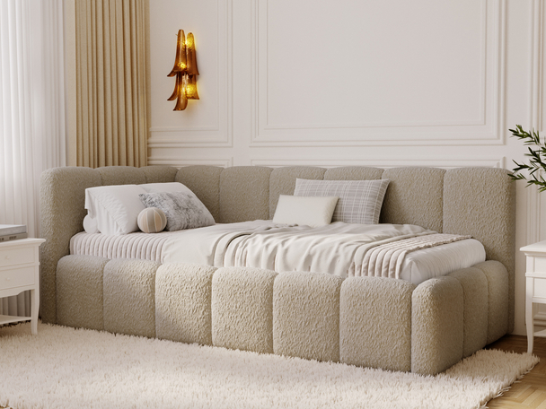 Jugendbett Einzelbett mit Bettkasten und Lattenrost 90x200 Cloud One Dunkelbeige Bouclé-Stoff