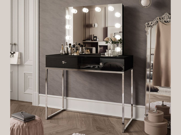 Schminktisch  Glamour mit Schubladen, Spiegel und LED-Beleuchtung Brisa Schwarz Hochglanz