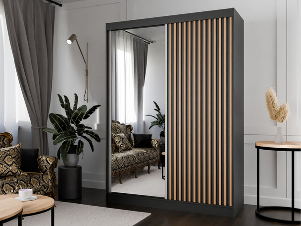 Schiebetürenschrank mit Spiegel und Lamellen 150 cm Loreto Schwarz