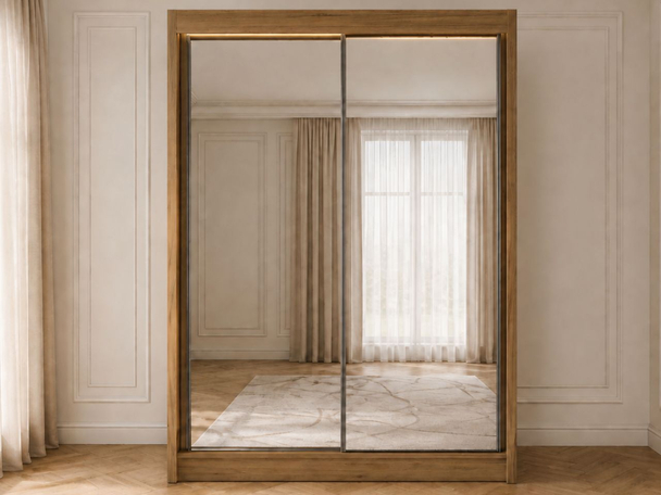 Schiebetürenschrank 150 cm mit Spiegel und LED-Beleuchtung Luzio  Handwerk Goldene Eiche