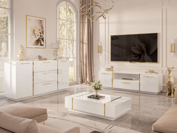 Wohnzimmer-Set mit goldenen Griffen im Glamour-Stil Lunelie Weiß Hochglanz