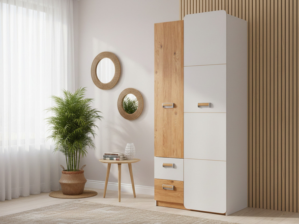 Jugendkleiderschrank mit Schubladen, 80 cm Öffnung Lindo Weiß, Nash Eiche