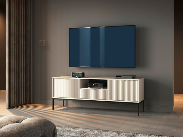 TV-Lowboard mit Schublade und Türen Amber Kaschmir auf schwarzen Beinen