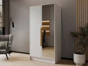 Kleiderschrank mit Spiegel 100 cm Lucca Weiß mit goldenen Griffen