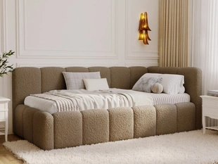 Jugendbett Einzelbett mit Bettkasten und Lattenrost 90x200 Cloud One Braun Bouclé-Stoff