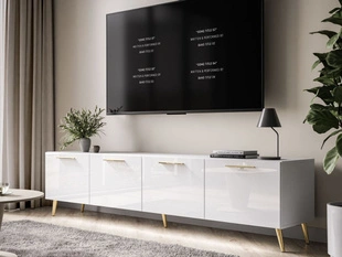 TV-Lowboard mit Türen und LED-Beleuchtung auf Goldenen Metallbeinen 200 cm Noaé Weiß Hochglanz
