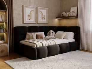 Gepolstertes Jugend-Einzelbett mit Bettkasten und Holzrost 90x200 Modo One Links Schwarz