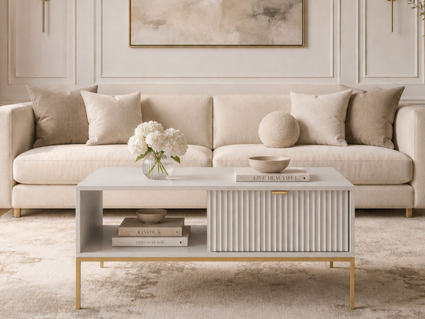 Couchtisch mit Stauraum Amber Grau auf goldenen Beinen