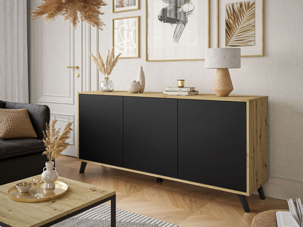 Dreitürige Kommode 154 cm im Loft-Stil mit schwarzen Beinen – Vivance, Schwarz matt & Eiche Artisan