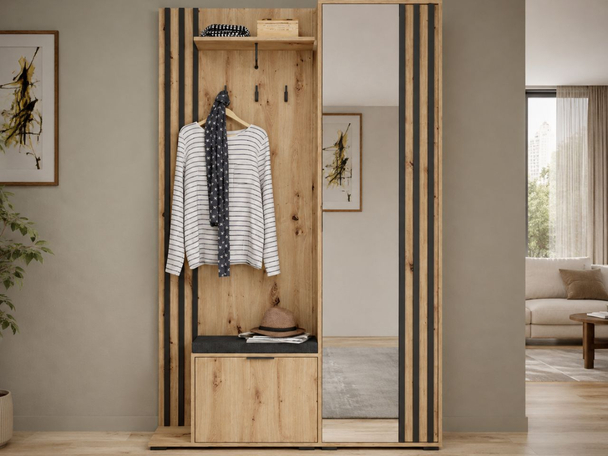 Garderobe mit Spiegel und Kleiderhaken Graphit, Artisan Eiche