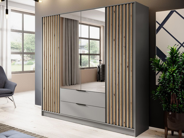 Kleiderschrank mit Spiegel 206 cm Macron Grau, Artisan Eiche