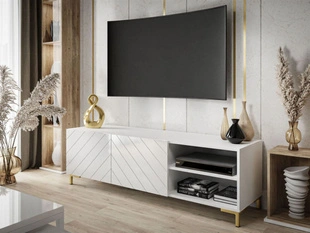 TV-Schrank im Glamour-Stil mit gefrästen Fronten und goldenen Beinen Vionel Weiß glänzend