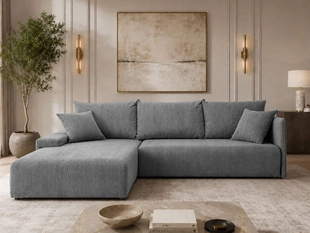 Ecksofa L-Form mit Schlaffunktion und Bettkasten Merivo Grau