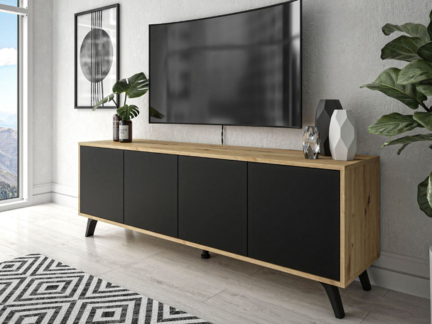 TV-Lowboard mit Türen und schwarzen Beinen Vivance Schwarz und Eiche Artisan