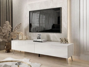TV-Lowboard mit Türen auf Silbernen Metallbeinen 175 cm mit LED-Beleuchtung Sorelle Weiß Hochglanz