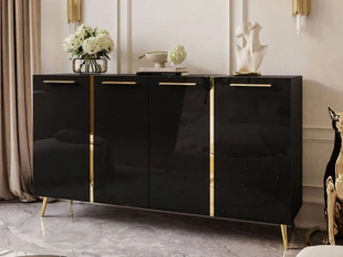 Viertürige Kommode 158 cm Glamour-Stil mit goldenen Griffen und Beinen Lunelie Schwarzglanz