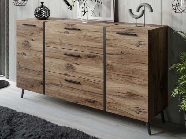 Zweitürige Kommode 158 cm mit drei Schubladen und schwarzen Griffen Lunelie Flagstaff-Eiche
