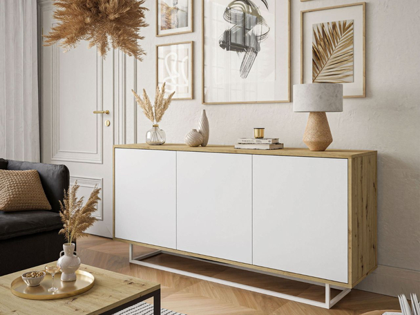 Dreitürige Kommode 154 cm im Loft-Stil auf weißem Gestell – Vivance, Weiß matt & Eiche Artisan